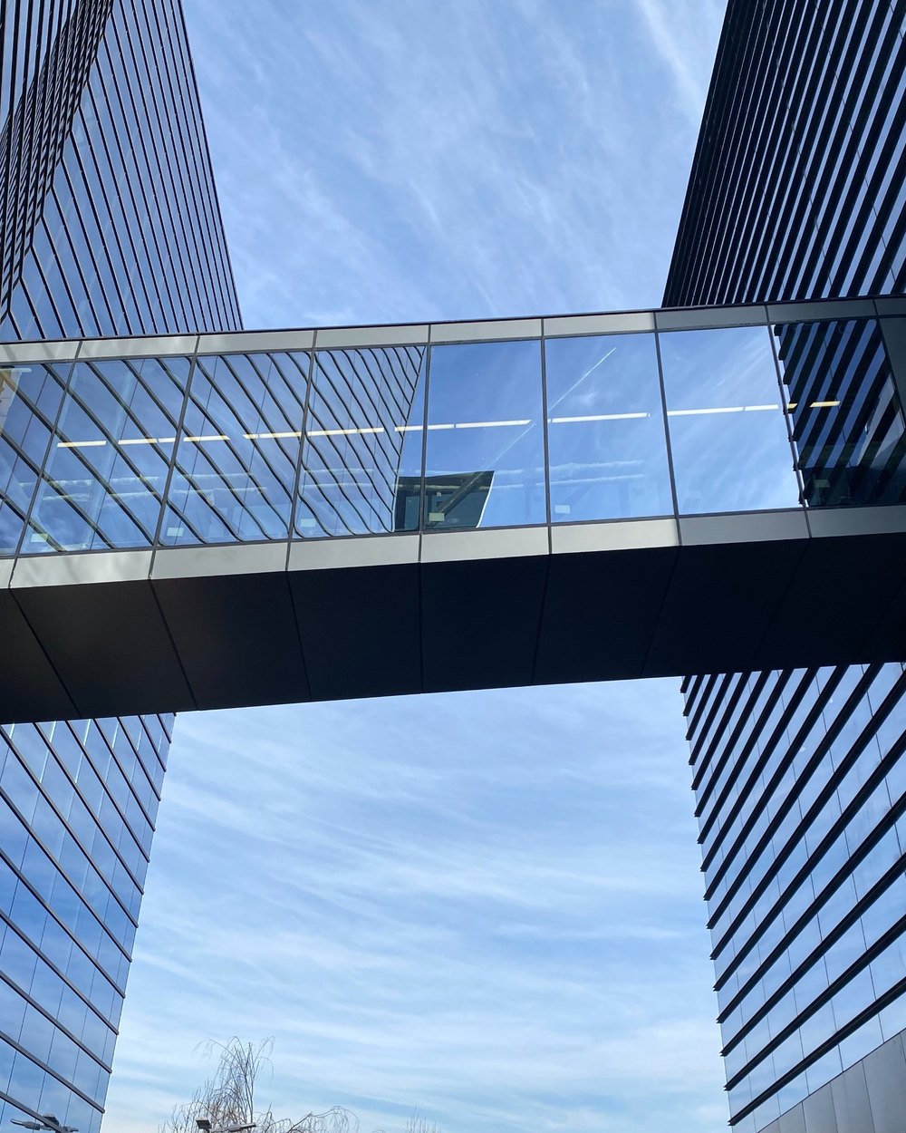 Puente de vidrio Clínica MEDS entre torres — alta exigencia técnica